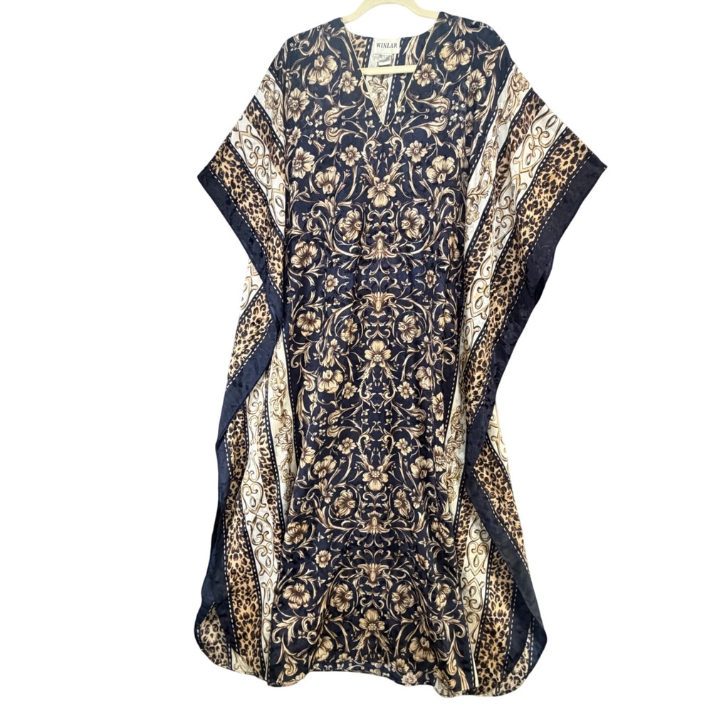 Vintage Winlar Kaftan One Size Blue Gold Satin Paisley Mrs Roper 70s Boho Lounge